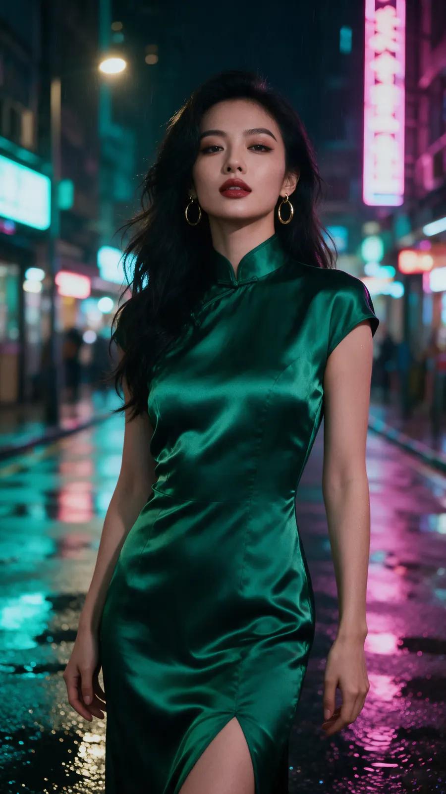 Imagen de origen: una mujer con un vestido de satén verde esmeralda en una calle lluviosa iluminada por neones, de noche