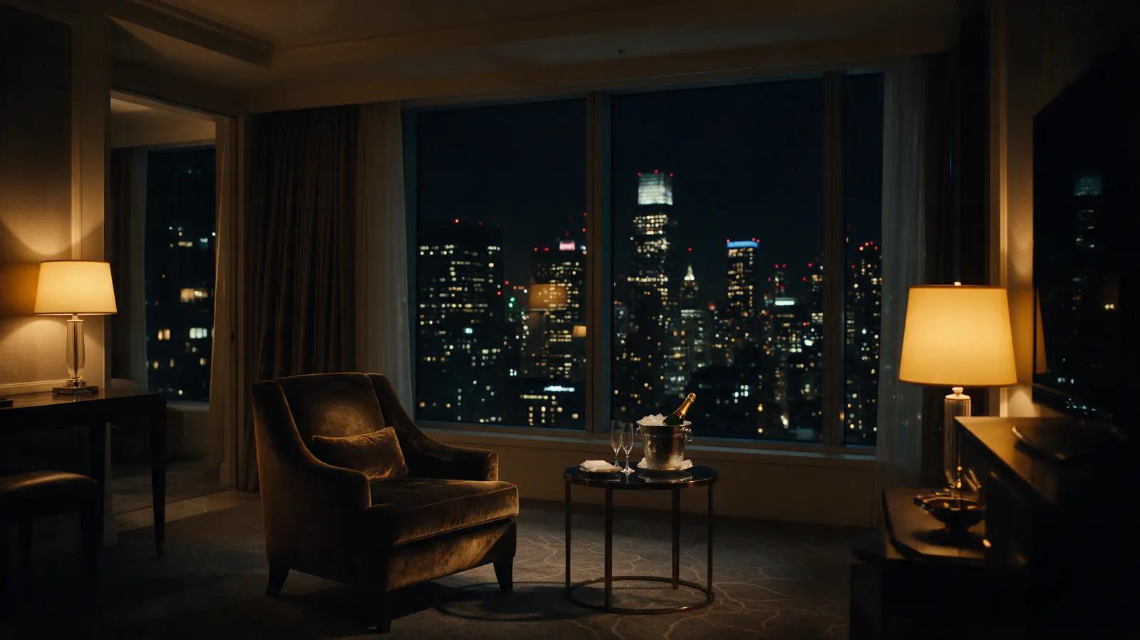 Imagen de referencia 2: una suite de hotel de lujo vacía, de noche y con vistas al perfil urbano
