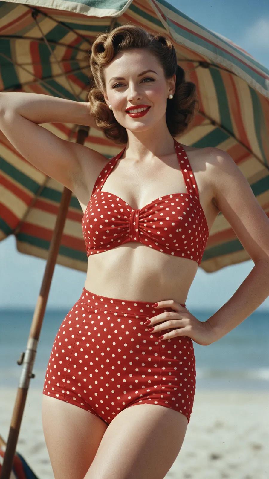Retro-KI-Pin-up im gepunkteten Bikini, mit Victory Rolls und gestreiftem Sonnenschirm
