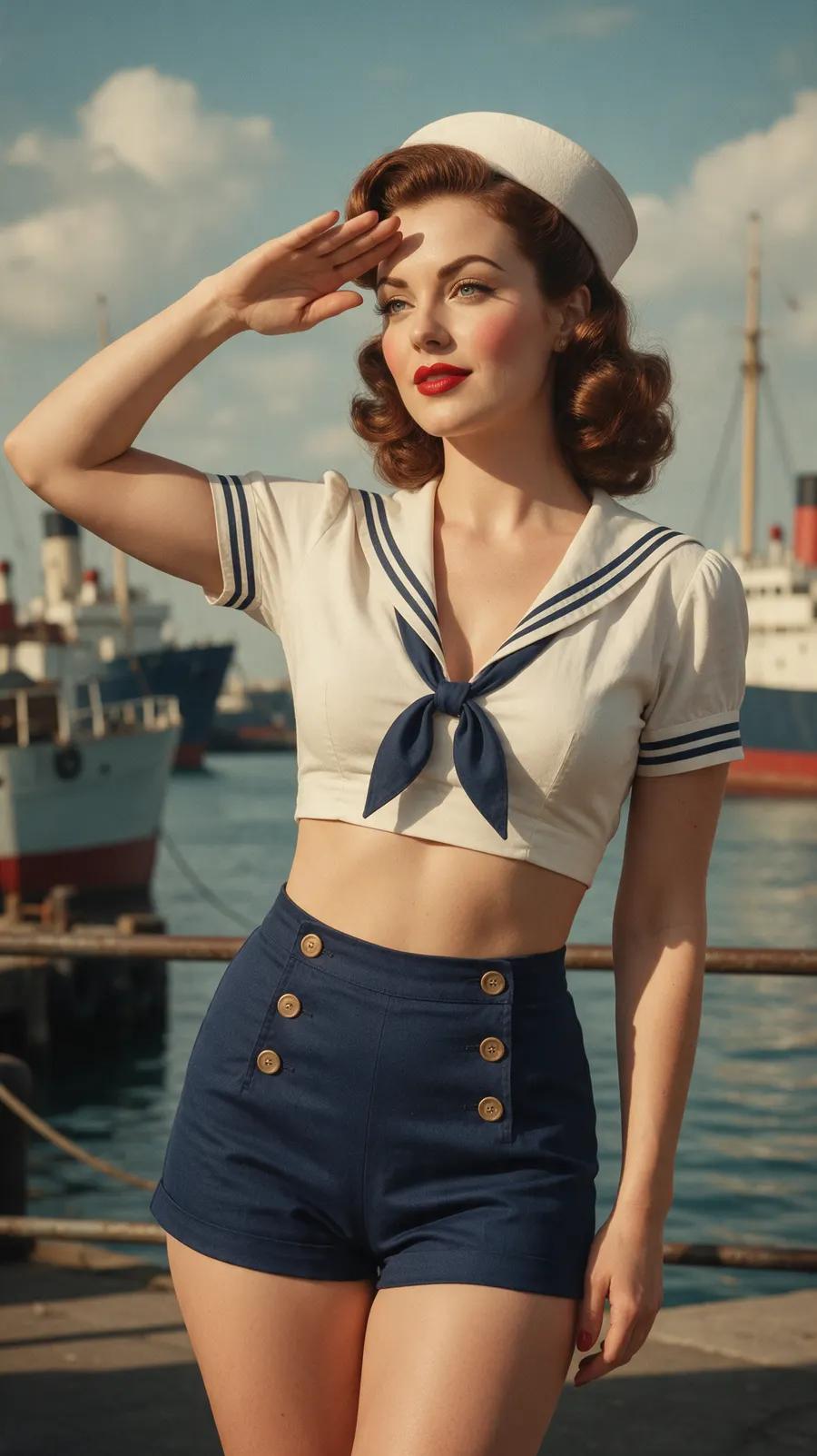 Retro-KI-Pin-up einer erwachsenen Frau im Matrosenlook vor einer Hafenkulisse der 1940er-Jahre
