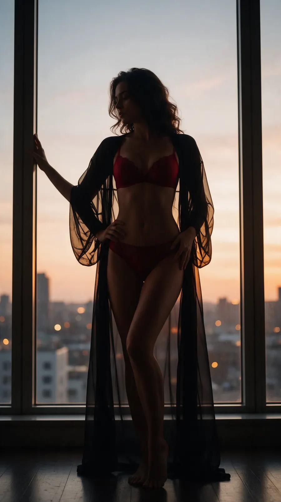 KI-Boudoirporträt einer erwachsenen Frau in roter Lingerie und transparentem Morgenmantel bei Dämmerung
