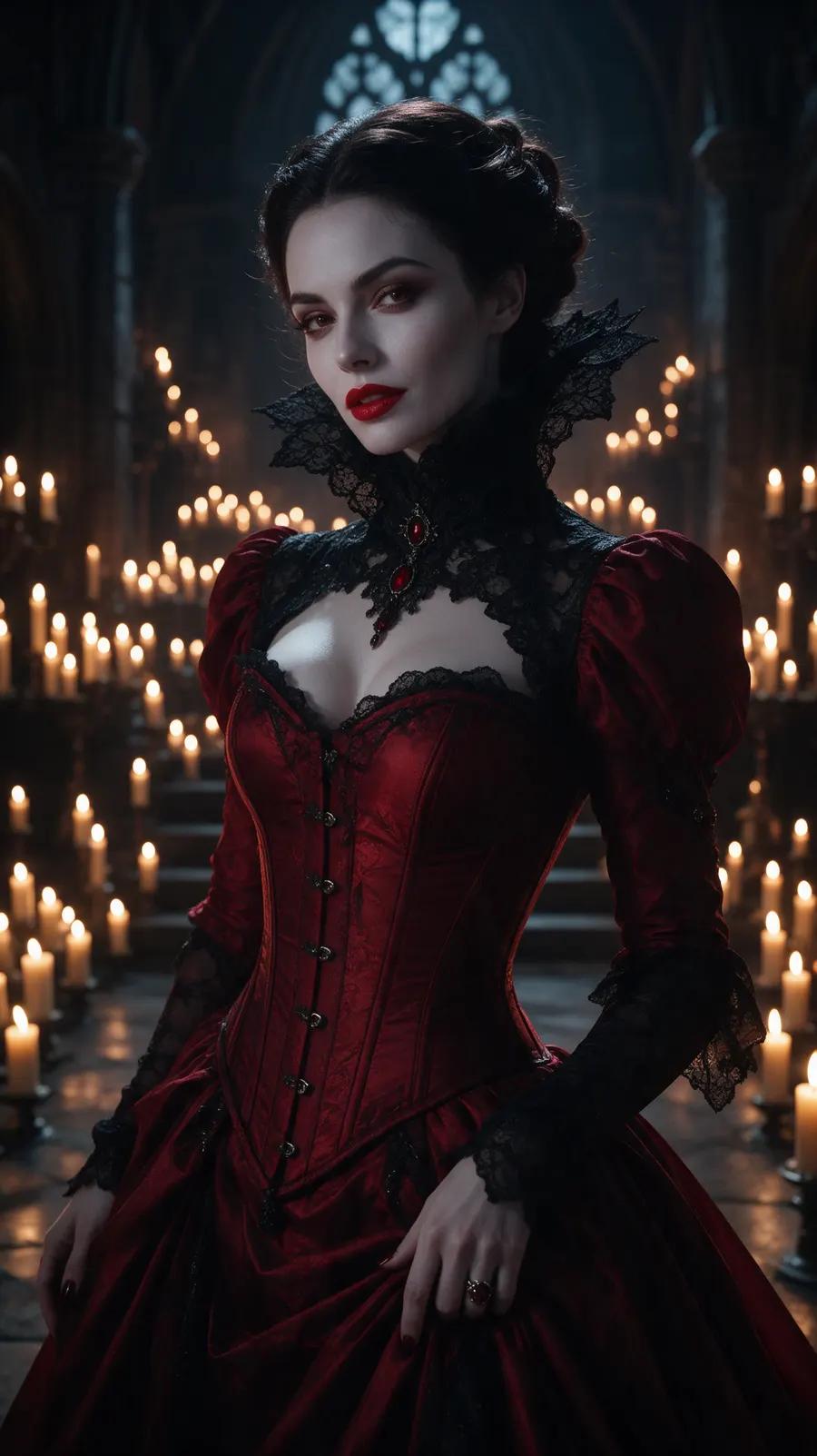 Dark-Fantasy-Porträt einer Vampirkönigin im karmesinroten Korsettkleid in einer gotischen Halle bei Kerzenschein