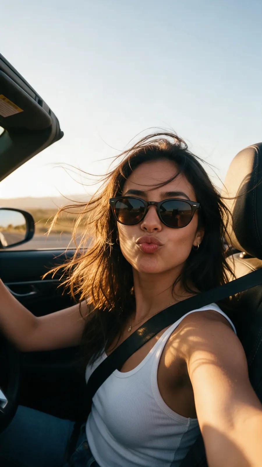 AI girlfriend selfie of an adult brunette in a convertible during golden hour